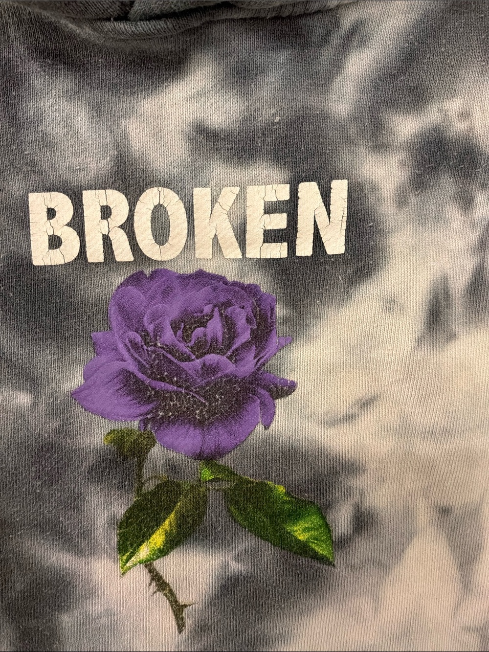 Broken Promises Men’s Hoodie in Gray Tie-Dye with Purple Rose